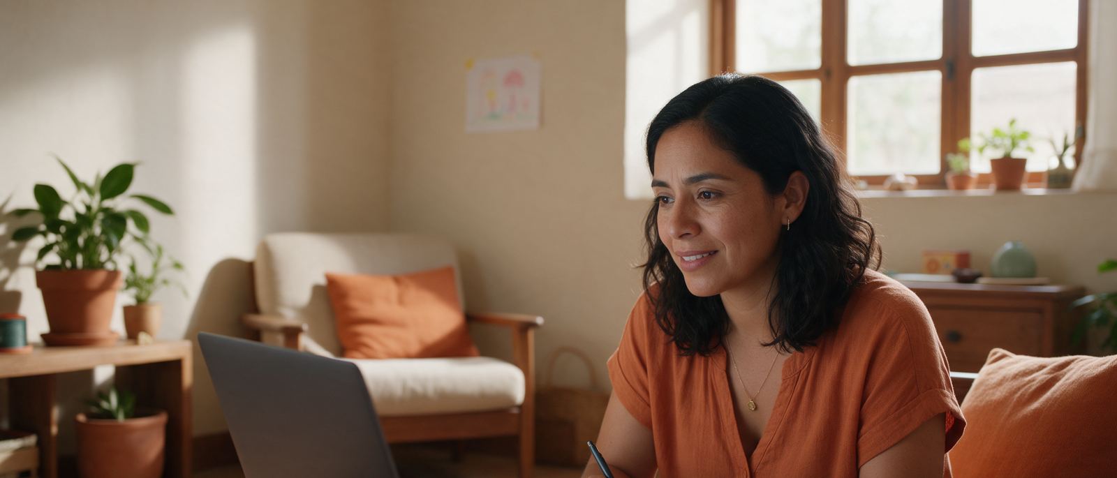 Mujer tomando un curso en línea desde su casa