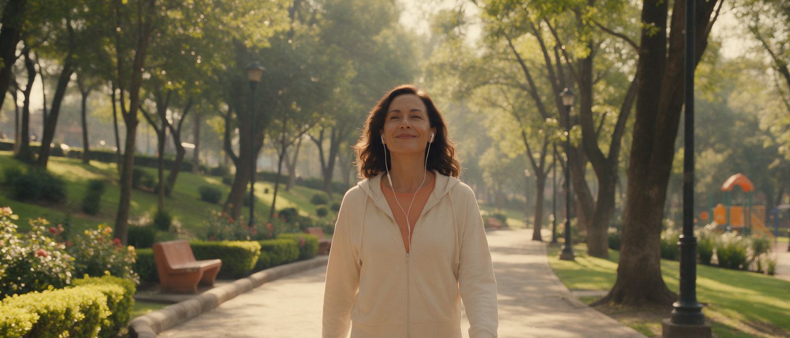 Mujer caminando en un parque mientras escucha un podcast