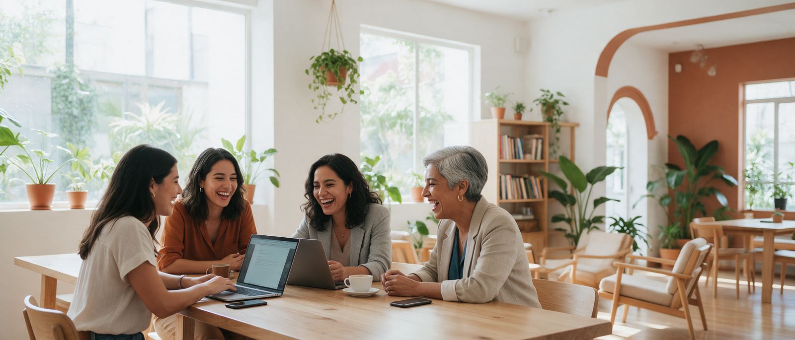 Cuatro mujeres de distintas edades colaborando con sus laptops en un café moderno